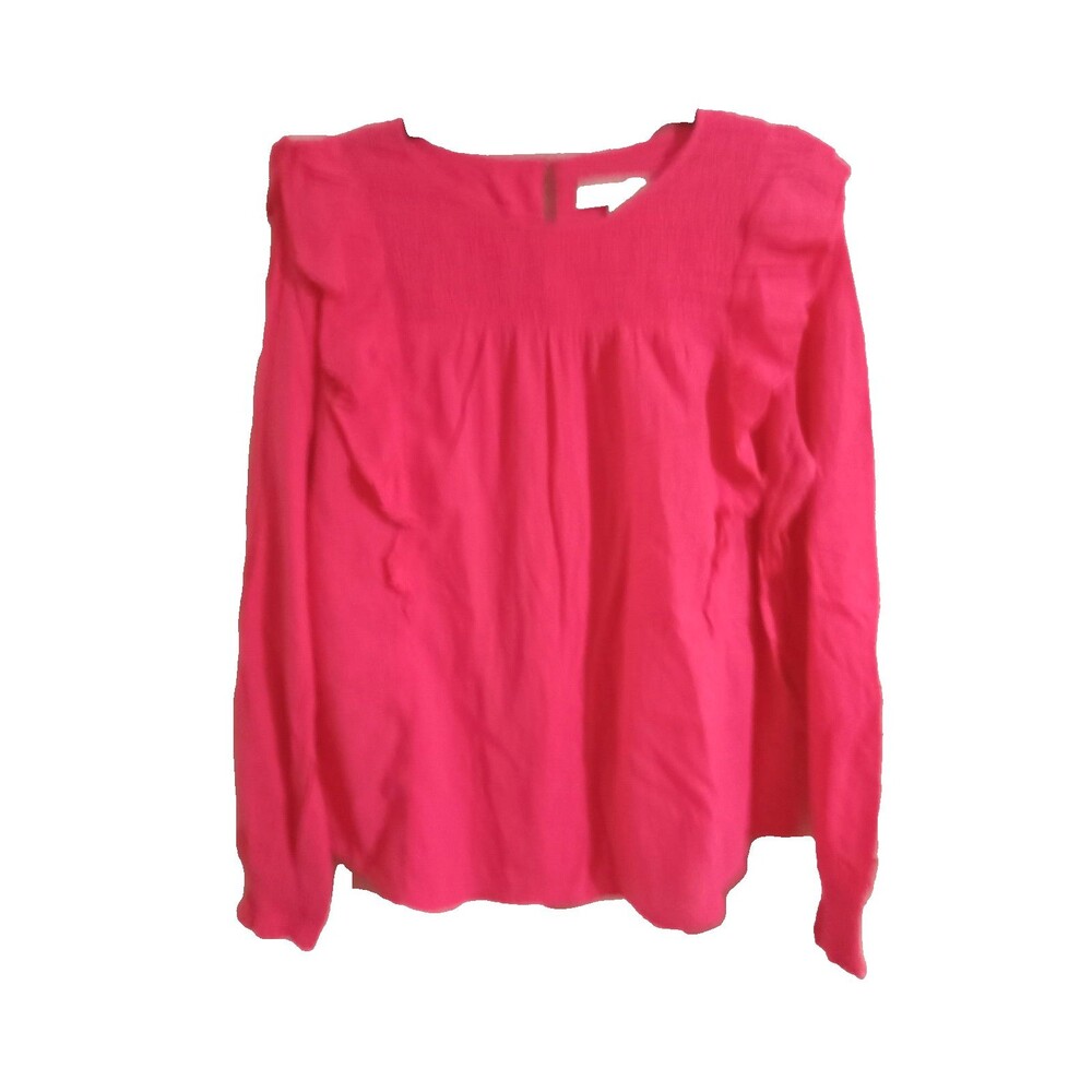 LOFT Blouse Women's Size Large Pink Clip Smocked Long Sleeve Ruffle Solid
